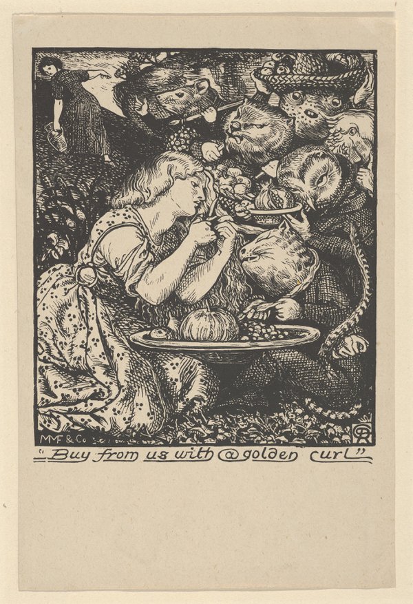 A wood engraving of a girl, surrounded by anthropomorphised animals holding bowls and baskets of fruit. The girl is cutting a lock of her long hair with a pair of scissors.