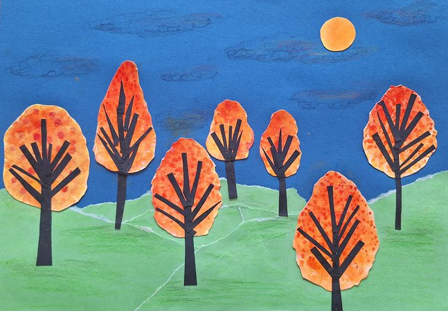 A colourful paper collage of orange trees on a blue background.