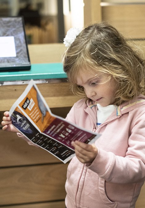 A young girl in a museum looking at a worksheet.