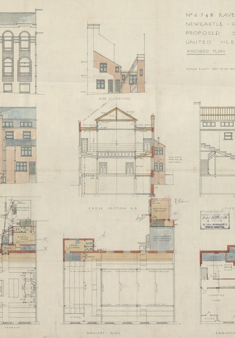 Proposed plan for Ravensworth Terrace Synagogue, Newcastle, approved June 1924. Tyne and Wear Archives
