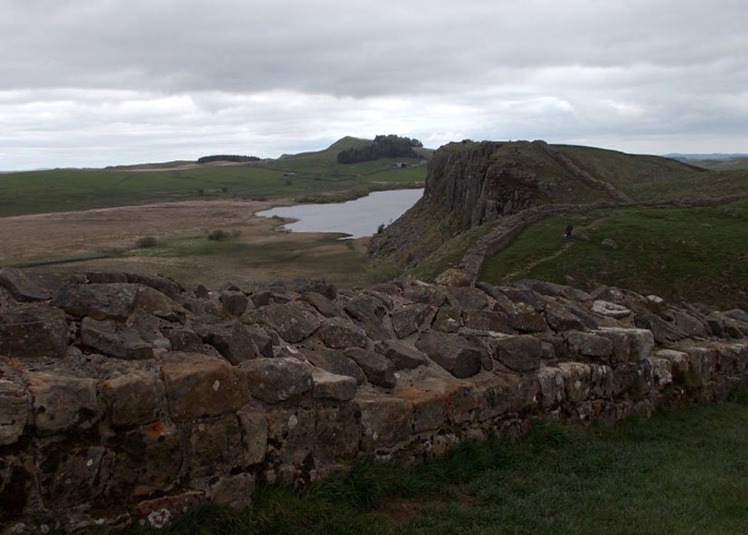 Photo of Hadrian’s Wall on crags of Whin Sill near Housesteads, Northumberland.