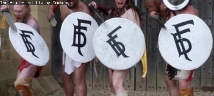 4 Gladiators with swords and shields ready for battle in front of the West Gate