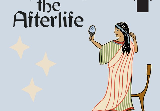 A pale blue graphic including an illustration of a woman holding a mirror and the text  'Exploring the Afterlife'